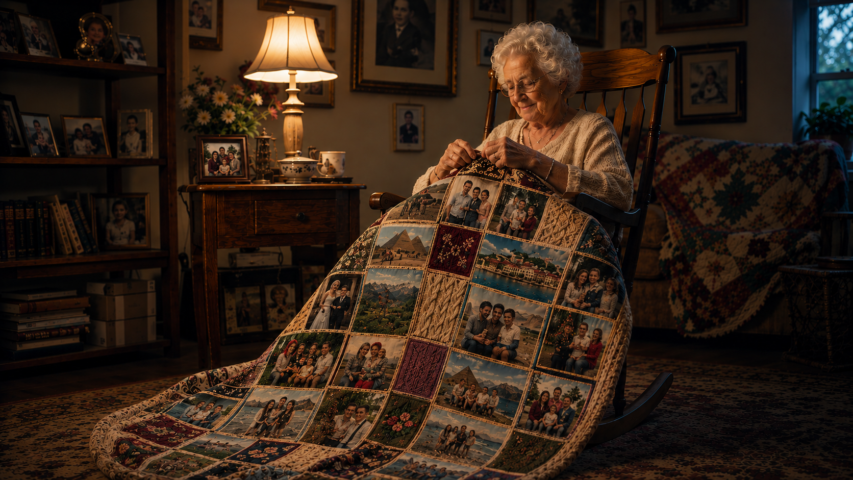 A quilt made from family memories and photographs.